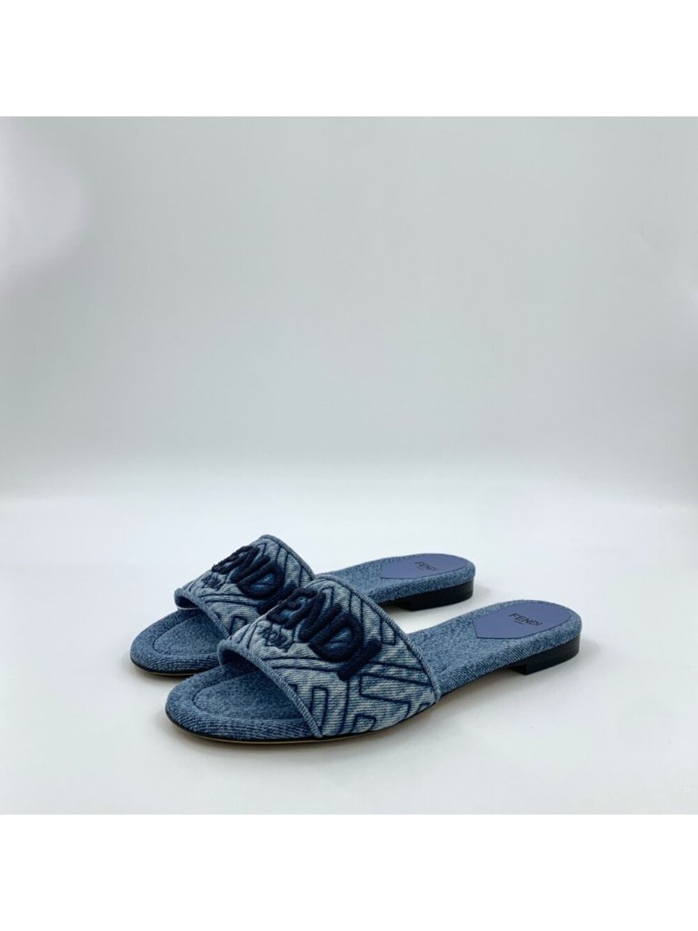 Fendi Signature Blue Logo-Embroidered Flat Slide